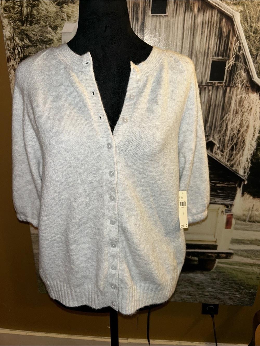 Anthropologie Light Gray Short-Sleeve Button-Front Cardigan